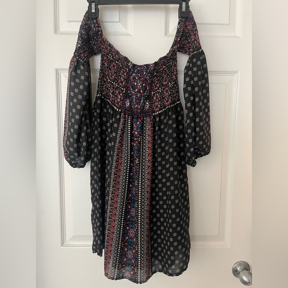 Elegant Black and Multicolor Off-Shoulder Mini Dress